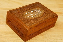 Vintage Wood Art MCM Hand Carved Floral India Hinged Trinket Dresser Box - $367.38 MXN