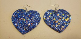 Faux Leather Dangle Earrings (New) Dark BLUE/ORANGE Glitter Hearts #223 - £4.11 GBP