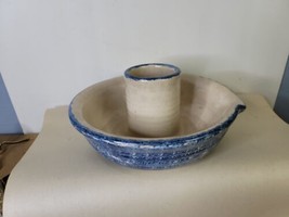 Vintage Studio Pottery Bundt or Chicke Roaster Tube Pan Tan Blue Signed - £15.65 GBP