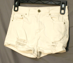REVAMPED JEAN DENIM SHORT SHORTS SIZE 3 WHITE DISTRESSED POCKETS MESH UN... - $7.21
