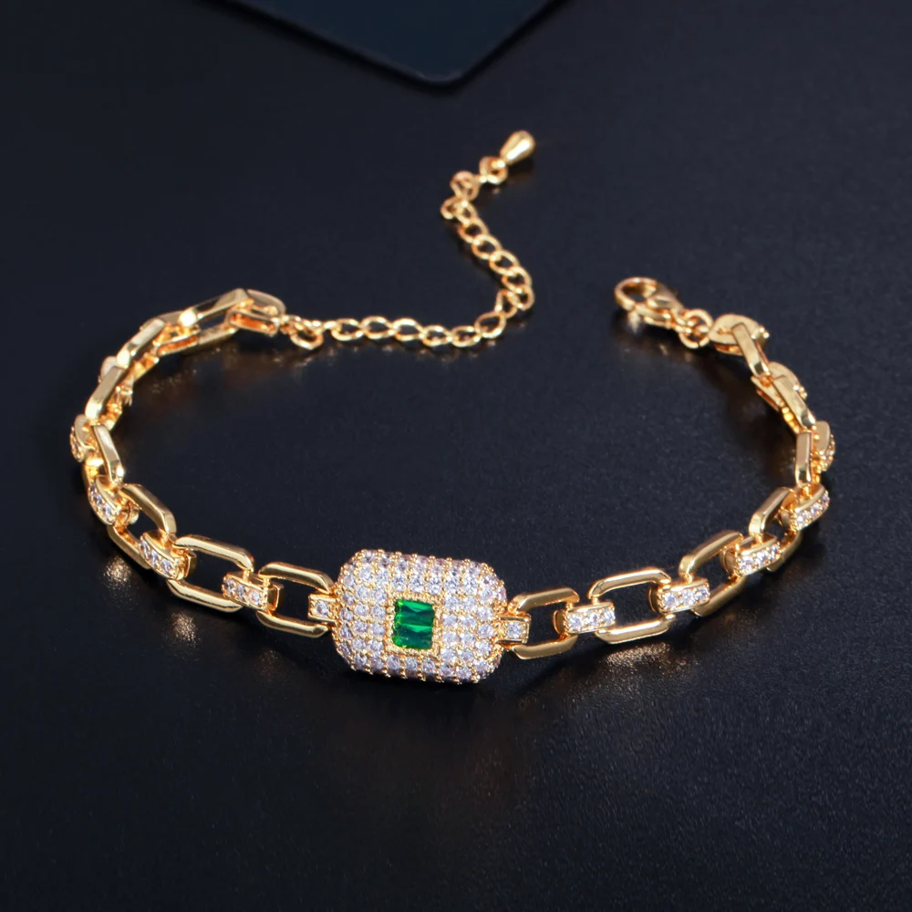 Delicate Yellow Gold Color Green Cubic Zirconia Bracelets for Women Trendy Cuban - £18.75 GBP