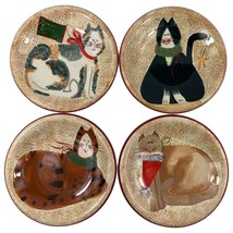 SAKURA Fiddlestix Christmas Cat Dessert  Plates 8&quot; Holiday Set of 4 - $24.70