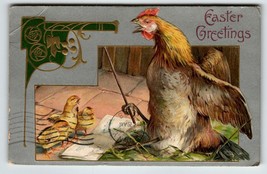 Easter Postcard Conductor Rooster Teaches Baby Chicks To Sing Fantasy Germany - £8.79 GBP