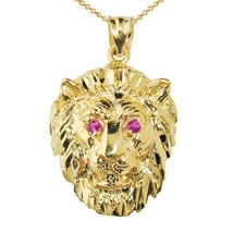 Simulated Round Ruby 14K Yellow Gold Finish Lion Head Pendant with 18&quot; Chain - £149.44 GBP