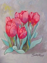 Red Tulips 11 x 14 Mixed Media Canvas Panel Orig Ptg - £24.23 GBP