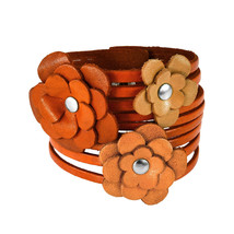Tropical Garden Orange Genuine Leather Multi-Strand Floral Bracelet - £16.83 GBP