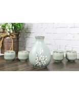 Blue Plum Japanese Sakura Cherry Blossoms Porcelain Sake Flask With Cups... - $39.64 CAD