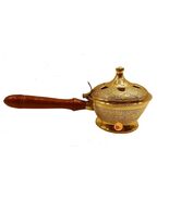 9" Brass Charcoal Loban Resin Burner With Wood Handle for Yoga, Spa, Aroma - $20.21