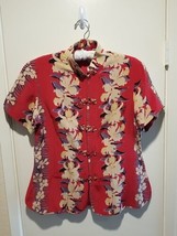 Vintage Avanti Hawaiian Silk Red Floral Top Blouse Shirt Women&#39;s Large SSleeve  - £35.52 GBP