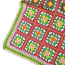 Vtg Pink Green Yellow Granny Square Afghan 90x65 Retro Roseanne Handmade Blanket - £50.59 GBP