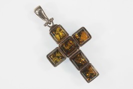 Vintage Argent Sterling Or Ton Ambre Pendentif Croix 6.2g - $5,247.06 MXN