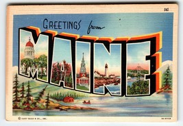 Greetings From Maine Large Big Letter Postcard Linen Curt Teich Unused Rustic - £8.52 GBP