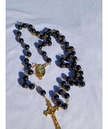 Midnight Mercy – Black Glass Rosary with Gold Crucifix &amp; Crucifixion Cen... - $29.69