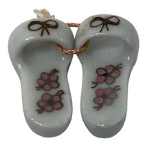 Miniature Pair Ceramic Shoes Tiny Sandals Slippers White Gold Bows Pink Flowers - £10.47 GBP