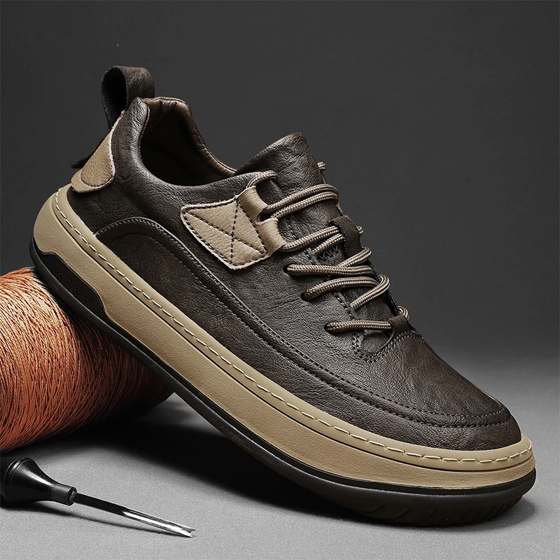 men Shoes lace up Leather Casual Shoes For Men outdoor Flat Platform Wal... - $76.10