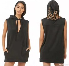 Black Sleeveless Hoodie Dress Embroidered Flames Hooded Longline Pullove... - $14.16
