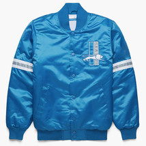 Vintage 80s NFL Detroit Lions Baseball Bomber Letterman Sky Blue Satin Jacket - £83.65 GBP