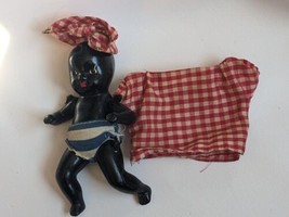 Vintage African American Ceramic Bisque Jointed Doll 5 inches Plaid Shirt - £42.33 GBP