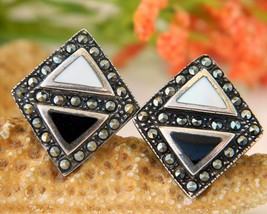 Vintage Sterling Black Onyx Marcasite Mother of Pearl Earrings Posts - $27.95