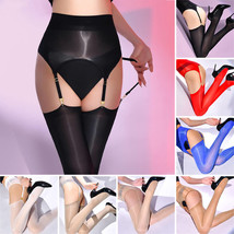 Womens Shiny Glossy Garter Belt Suspender Buckles Straps + Thigh-Highs Stockings - £10.06 GBP