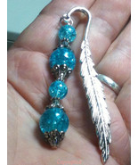 Silver Tone Leaf Design Mini Bookmark Dangling Blue Crackle Glass Beads Handmade - £7.92 GBP