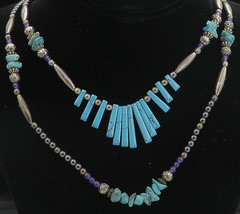 SOUTHWESTERN 925 Silver - Vintage Turquoise &amp; Hematite Chain Necklace - NE1418 - $155.76