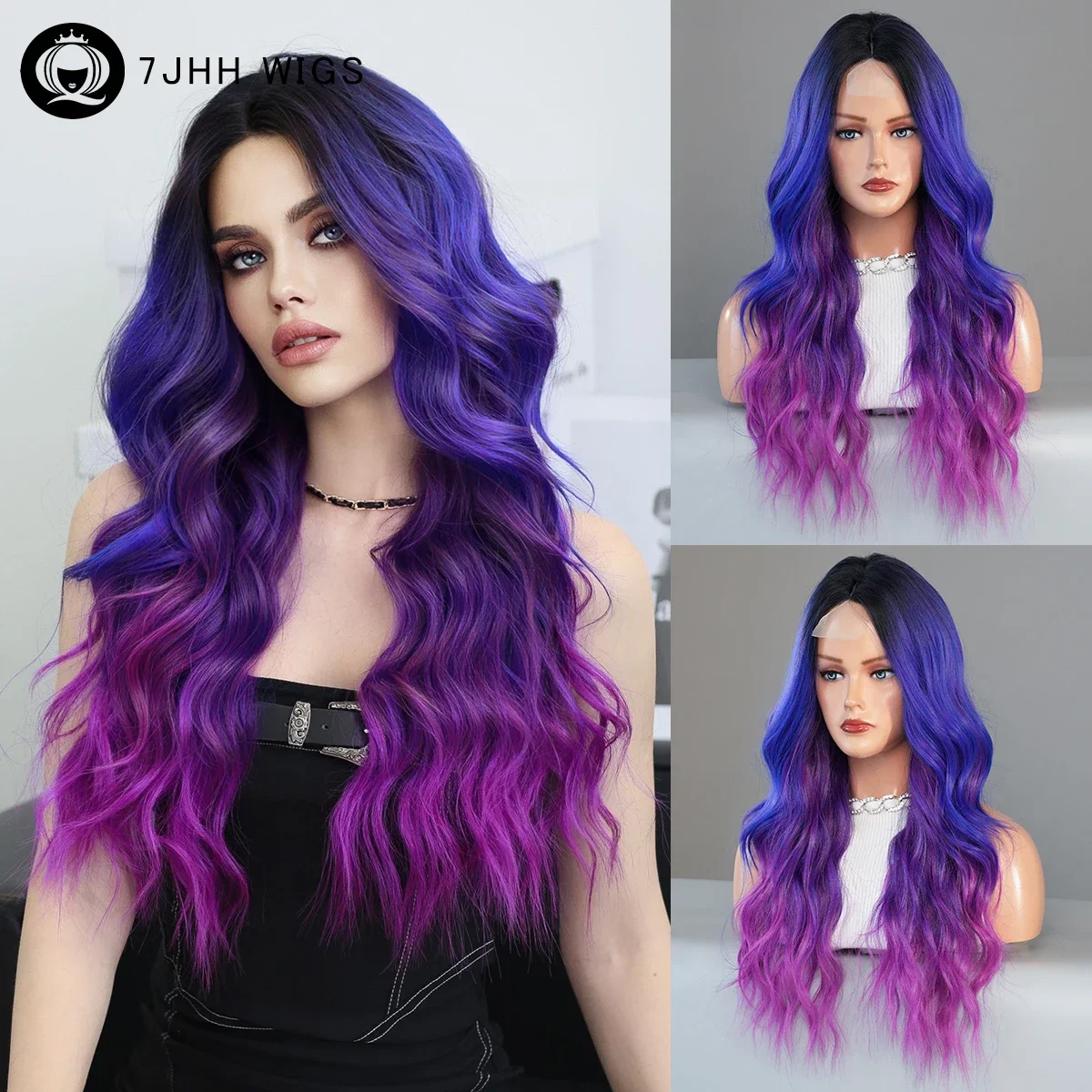 HD Transparent Lace Front Wig Blue Ombre Purple Body Wavy Wigs with Bangs Hi - £30.07 GBP+