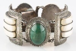 Vtg Mexican Silver Green/White (Jade/Quartz) Gemstone Cuff Bracelet 7&quot; 112.6 g - £271.85 GBP