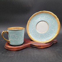 Le Tallec Paris Demitasse Tea Cup &amp; Saucer Pastel Teal w/Lace Gold Trim ... - £87.91 GBP