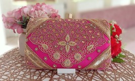 Royal sling handbag Zari Clutch &amp; gold chain , Diwali Gift , Weddings DLY8 Pink - £34.55 GBP