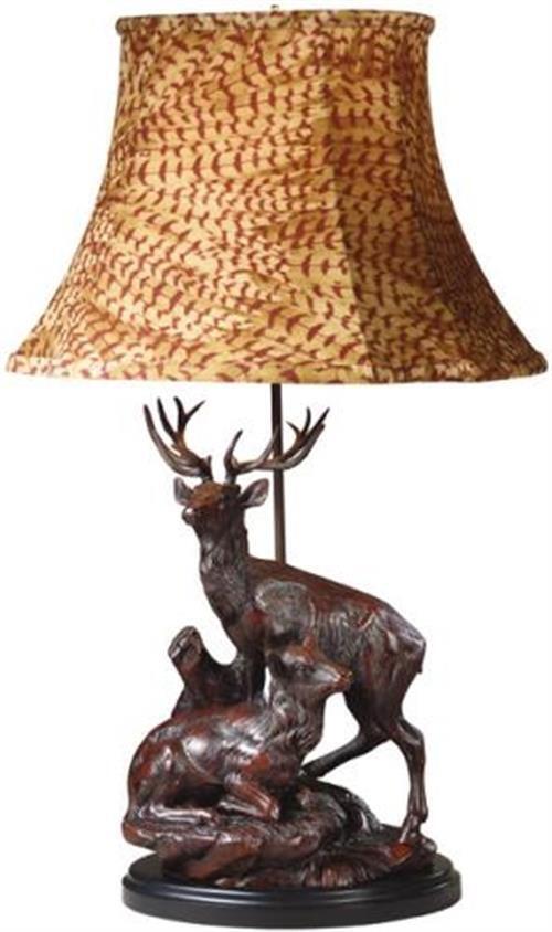 Sculpture Table Lamp Elk Mates Mountain Hand Painted Feather Fabric OK Casting - $919.00