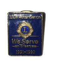 Lions Club 100% Attendance Award Lapel Pin 1991-1992 - €2,44 EUR