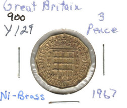 Great Britain 3 Pence, 1967, Bronze, KM129, Queen Elizabeth - $1.00