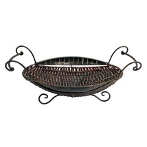 Woven Rattan and Metal Oval Basket Footed w/Handles 16.5 x 6 x 7.75 - £16.56 GBP