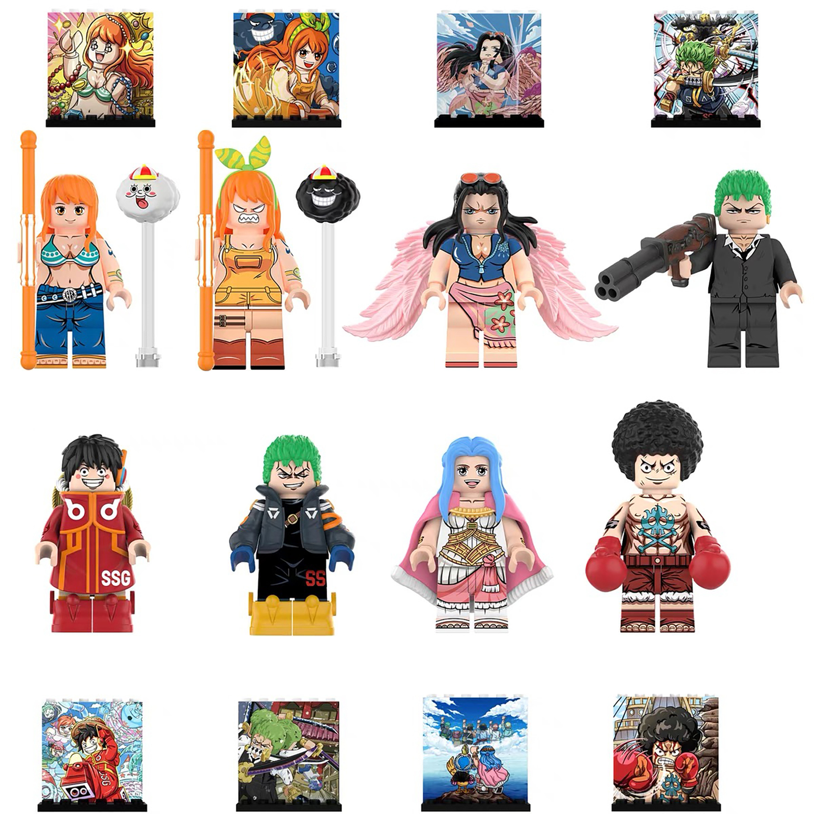8Pcs One Piece Strong World Roronoa Zoro Minifigures Boxer Luffy Vivi Mini Block