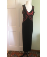 Joseph Ribkoff Couture Dress Maxi Black Velvet Red Metallic V Neck 8 - $846.75 MXN