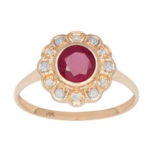 10k Yellow Gold Vintage Style Genuine Round Ruby and Diamond Halo Ring - £151.86 GBP