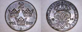 1925 Swedish 2 Ore World Coin - Sweden - $14.99