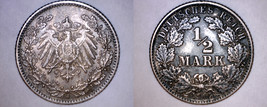 1905 J German Empire Half (1/2) Mark World Silver Coin -  Germany - $17.99