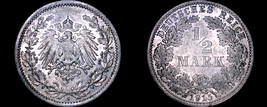 1915 A German Empire Half (1/2) Mark World Silver Coin -  Germany - $13.99