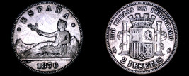 1870(74)-DE M Spanish 2 Peseta World Silver Coin - Spain - $59.99