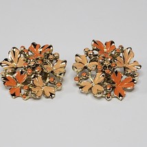 Vintage Coro Orange Peach Enamel Floral Clip-On Earrings Huggies - £26.75 GBP