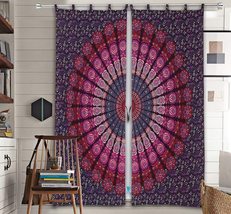 Peacock Feather Mandala Print Cotton Curtain Set Drape, Boho Window Treatment Se - £22.37 GBP+