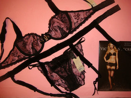 Nwt Victoria&#39;s Secret Designer Collection 32D,34B Bra Set+Garter Black Swarovski - £126.64 GBP