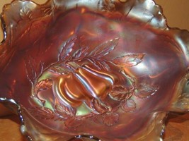 Carnival Glass Bowl 13&quot;x10&quot; Dugan-Diamond Peach/Apple &amp; Pear Marigold Ir... - £35.45 GBP