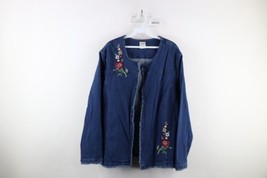 Vintage 90s Streetwear Womens 2XL Fringed Flower Open Front Denim Jean Jacket - £38.89 GBP