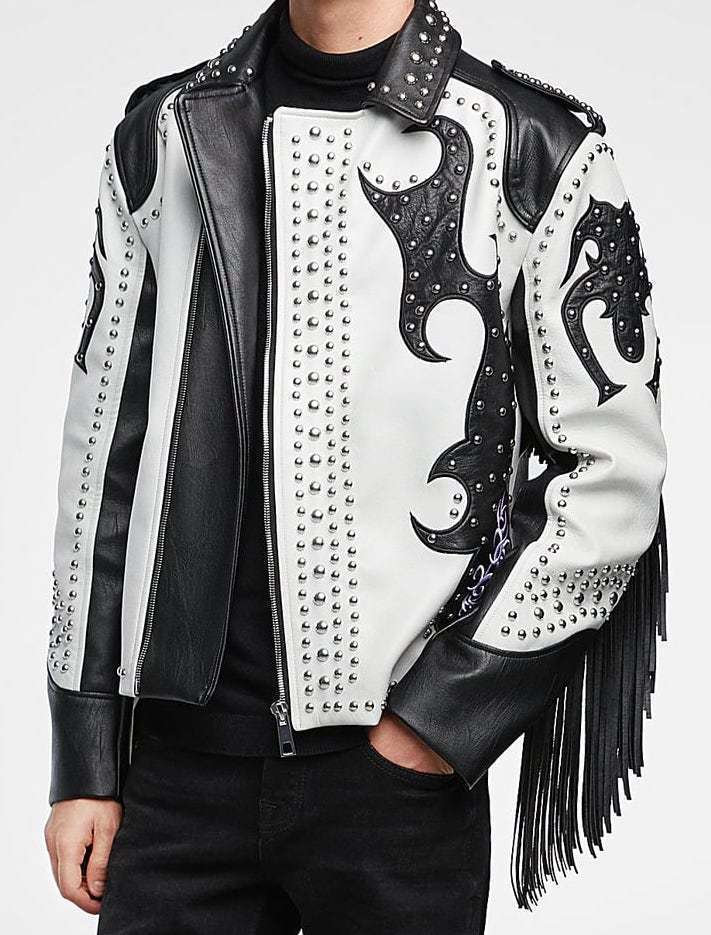 Handmade Men Black White Leather Jacket, Men Fringe Studded Western wear Jacket