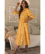 Yellow Flower Print Bracelet Sleeve Buttons Collared Maxi Dress - $41.98 CAD