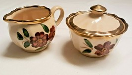 Vintage WADE England Creamer &amp; Sugar Bowl Hand Painted Gold Lustre Copper Floral - £10.16 GBP