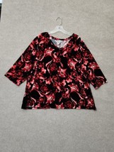 Catherines Velvet Blouse Top Womens 2X Black Red Floral 3/4 Sleeve Tunic Shirt - £21.14 GBP